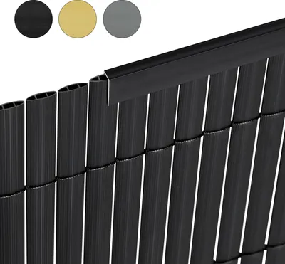 Three circular swatches of different colors (black, gold, gray) are shown above a close-up view of a black fence panel with a black top trim.