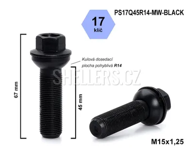 Obrázok produktu pre Skrutka M15x1,25x45 s guľôčkou R14, s pohyblivým čelom, kľúč 17, PS17Q45R14-MW-BLACK, čierna, výška 67 mm