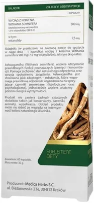 Zdjęcie produktu dla Suplement diety Medica Herbs ashwagandha kapsułki 60szt pamięć koncentracja