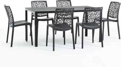 Image de Set de salle à manger d'extérieur avec table rectangulaire 156x78 cm et 6 chaises empilables en résine renforcée de fibres de verre - design moderne imitation bois, idéal pour le jardin, la terrasse et les espaces extérieurs couverts - THOMAS+ANNA - Noir