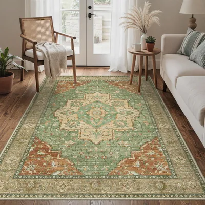 Produktbild von Waschbarer Teppich Wohnzimmer 160x230cm Rotgrün Vintage Stil