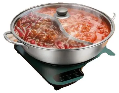 Image de Casserole double, diamètre 34 cm, acier inoxydable, séparateur amovible, couvercle transparent avec valve, compatible avec l'induction