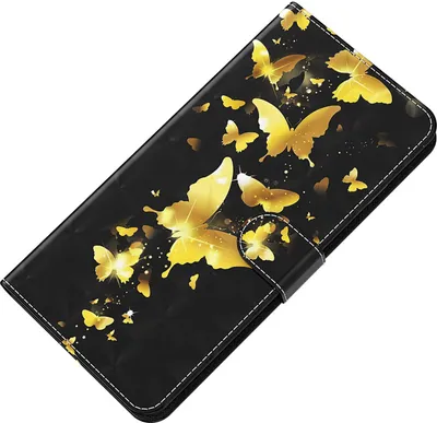 A black phone case with a gold butterfly design.