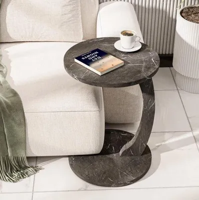 Productafbeelding van Verrijdbare bijzettafel in C-vorm, laptoptafel met marmerlook, zwart, 38 x 38 cm