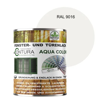 Produktbild von Contura 750ml Fenster und Türenlack Seidenmatt nach RAL 2in1 mit Pinsel Möbellack Innen und Außen Holzlack - RAL 9016 Verkehrsweiß