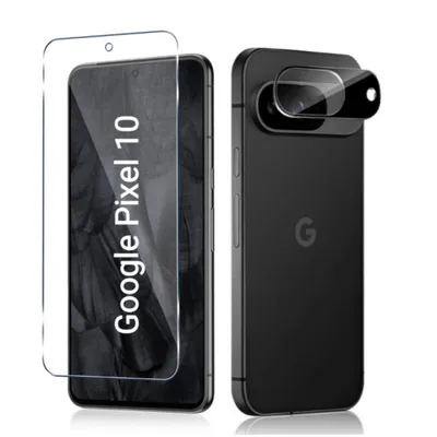 A product shot showing a Google Pixel 10 phone with a screen protector and a camera lens protector.