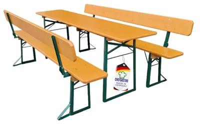 Produktbild von Bierzeltgarnitur ALPENFEST Germany | 3-teilig mit Rückenlehne | HxBxT 77x220x50cm | Fichtenholz | wetterfest & UV-beständig | Nuss/ Grün