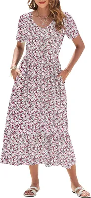 Produktbild von Maxikleid für Damen, Sommerkleid mit kurzen Ärmeln, V-Ausschnitt und Empire-Schnitt, leichtes Strandkleid