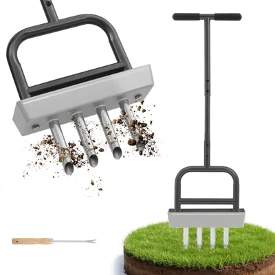 Immagine prodotto di Arieggiatore manuale 2-in-1 – Arieggiatore per prato con 4 lame – Dotato di contenitore per la raccolta del materiale estratto – Realizzato in acciaio resistente, ideale per terreni compattati e per ottenere un prato più folto
