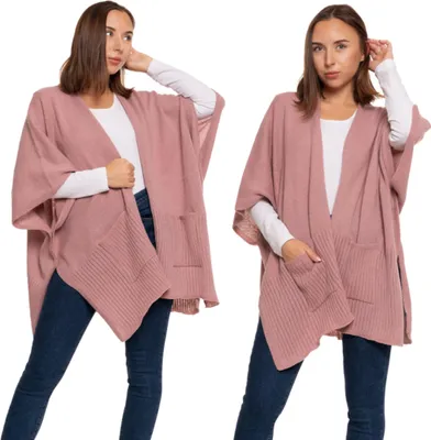 Immagine prodotto di Moraj | Poncho da donna con tasche, taglia unica Rosa: caldo ed elegante sciarpa mantella oversize