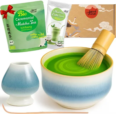 Obrázek produktu pro Matcha cajový obradní set "Rindo" s miskou, metlickou, držákem a matcha práškem + kokosovým latté – sada pro milovníky matcha