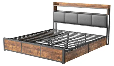 Obrázok produktu pre Postel 180x200 cm - Čalúnená posteľ - Dvojlôžko s LED osvetlením v oblasti čela - 4 zásuvky na odkladanie vecí - Umelá koža (PU) - Čierna