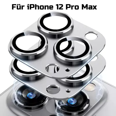 A close-up, angled view of camera lens protectors for an iPhone 12 Pro Max, stacked on top of each other and positioned above the phone's camera lenses.
