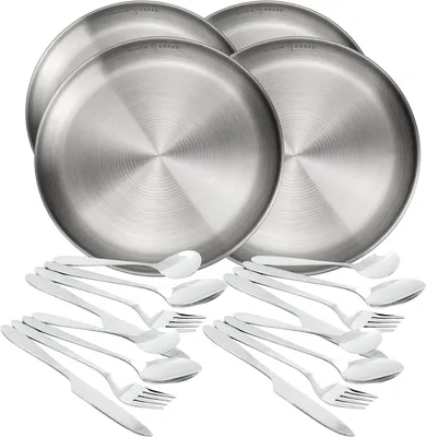Produktbild von Black Snake® Camping Set - flacher Edelstahl Teller mit Lunch-Besteck und Neopren-Etui - robustes Outdoor Geschirr für Camping, Wandern & Picknick - 4 Personen