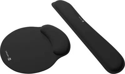 A black mouse pad with a wrist rest and a black wrist rest are shown on a white background.