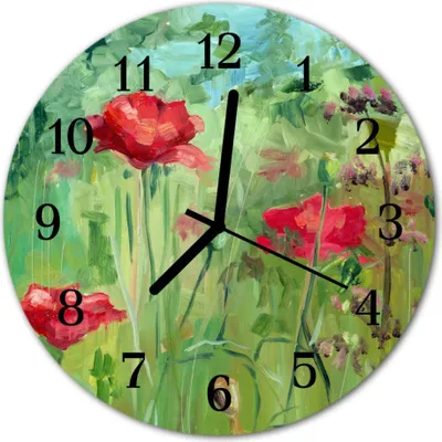 Produktbild von Glasuhr Wanduhr Küchenuhr Echt-Glas 30fi cm Mohnblumen rot grün