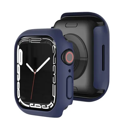 A dark blue protective case for an Apple Watch is shown from the front and back.