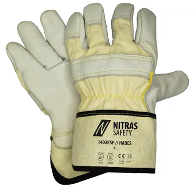 Produktbild von 5x NITRAS HADES, Schnittschutzhandschuhe, Baumwoll-Rücken, naturfarben, Rindvollleder, grau (Farbcode: 1612), gesamte Hand mit Spezialgarn KATA 5 gefüttert, Segeltuchstulpe, Polyamid-Doppelnähte, Lederselektion A, hoher Schnittschutz, Schutz gegen Kontak| Packung (12 Paare)