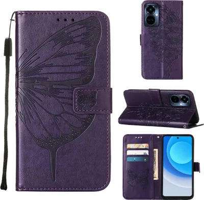 Produktbild von Tecno Camon 19 Pro 5G Hülle, Schmetterling Prägung Flip Leder Kartenfächer Schutzhülle Ledertasche mit Ständer für Tecno Camon 19 Pro 5G Lila
