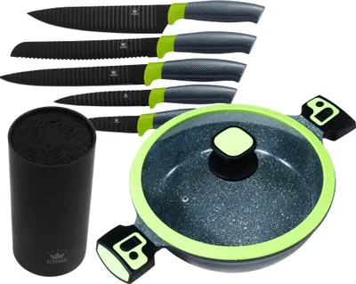 Produktbild von 7tlg. KING® Vorteilsset Ø28cm Servierpfanne ca. 7.5cm hoch KING® Click-Grip Grün + 6tlg. Messerset KING® CARBON GREEN LINE inkl. Messerblock