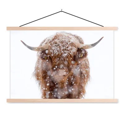 Produktbild von MuchoWow® Textilposter Schottischer Highlander - Schnee - Porträt 60x40 cm mit holzfarbenen Rahmen - Bilder