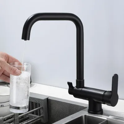 Küchenarmatur, 3-in-1, einklappbar, 360° drehbar, 2 Griffe, Messing, Schwarz