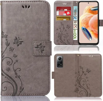 Produktbild von Numerva Klapphülle für Xiaomi Redmi Note 12 Pro, Grau, Blumenmuster, aus Kunstleder, TPU, Silikon, mit Standfunktion, 3 Kartenfächern, 1 Seitenfach und Magnetverschluss.