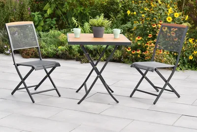 A garden furniture set consisting of a table and two chairs, set up on a patio with plants and flowers in the background.