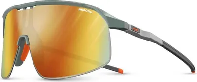 A pair of sports sunglasses with mirrored lenses.