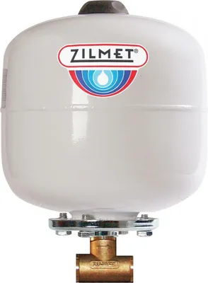 A white Zilmet pressure expansion vessel with a brass fitting at the bottom, set against a white background.