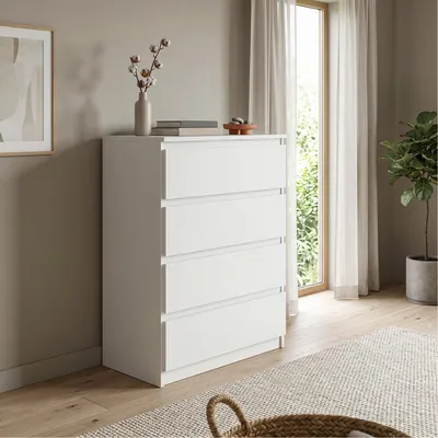 Produktbild von Masseno Kommode NUDO 70 cm Sideboard mit 4 Schubladen und  Türen für Wohnzimmer Schlafzimmer Modern 70x39x102 cm Weiß / Weiß