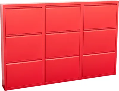 A red metal shoe cabinet with nine flip-down doors, shown against a white background.