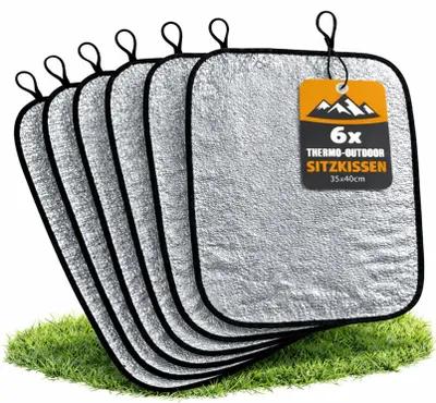 Produktbild von 6x Thermo Outdoor Sitzkissen – Isolierend, & Ultraleicht – Sitzunterlage, Sitzkissen, Reisekissen für Camping, Stadion, Picknick & Festival – 35x40cm