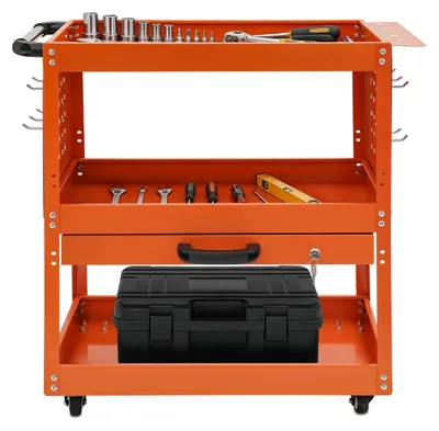 Immagine prodotto di Carrello portattrezzi – Carrello mobile a 3 ripiani – Capacità di carico: 250 kg – Cassetto con serratura – 4 ruote, 2 con freno – Acciaio – Arancione