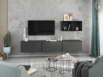 Produktbild von Wohnwand VARIANTO 3 Schrank Set 5 tlg., 228 cm, anthrazit matt / anthrazit matt, Wandhängend, 3 Schränke mit Klappen und Softclose, 2 offene Regale