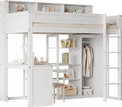 Produktbild von Hochbett mit Schreibtisch und Kleiderschrank, 90x200 cm, Kinderbett mit Rausfallschutz und Regal, Jugendbett