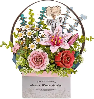 A 3D wooden flower basket model with various flowers and greenery, presented against a white background.
