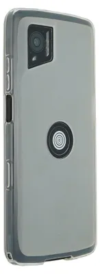 The back of a transparent phone case with a gray trim, showing the camera cutout and a circular emblem.