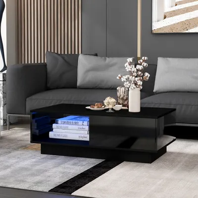 Produktbild von okwish Couchtisch, moderner Hochglanz-Sofatisch, Couchtisch, rechteckiger Wohnzimmertisch mit LED-Licht, Teetisch (95 x 55 x 32 cm)Weiß