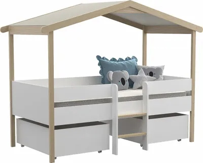 Produktbild von SAROSI Bett in Landhausform mit Schubladen - 90 × 190 cm - Lindenholz - weiß und eichefarben