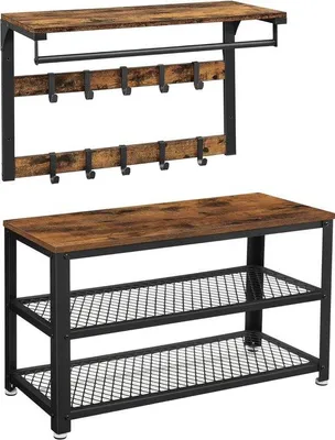 Produktbild von Unyqoos® Wandgarderobe mit Schuhbank – Ablage 65 x 30 cm, Kleiderstange & 10 abnehmbare Haken, Schuhbank 73 cm mit 2 Gitterablagen, Metallrahmen, industrielles Design – Stenberi