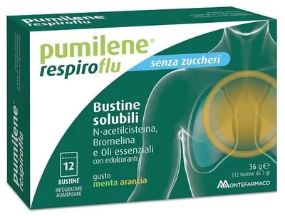 Imagen del producto de PUMILENE RESPIROFLU, sin azúcar, 12 sobres, sabor menta-naranja, 36 g