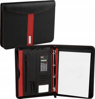 A black and red conference folder is shown open and closed.