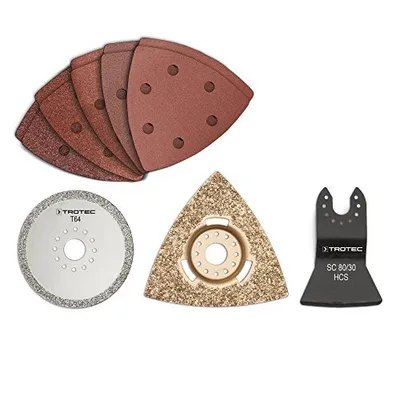 Produktbild von TROTEC 13-tlg. Zubehör-Set zur Bad-Sanierung (1x, RIFF-Schleifplatte, 1x Diamantsägeblatt, 1x Schabmesser, 10x Dreieckschleifpapier mit versch. Körnung) passend für fast alle Multifunktionswerkzeuge