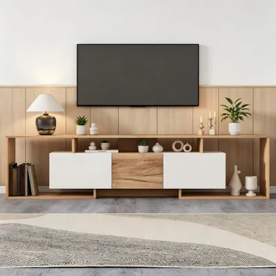 Produktbild von MODFU TV-Schrank mit 2 Klapptüren,1 Drehtür und 3 Regalfächer,Lowboard 180x30x49cm,Fernsehbank mit Push-to-Open,Weiß + Natur