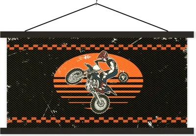 Produktbild von MuchoWow® Textilposter Mancave - Crossmotorrad - Vintage - Orange - Schwarz 90x45 cm mit schwarzem Rahmen - Klemmleisten