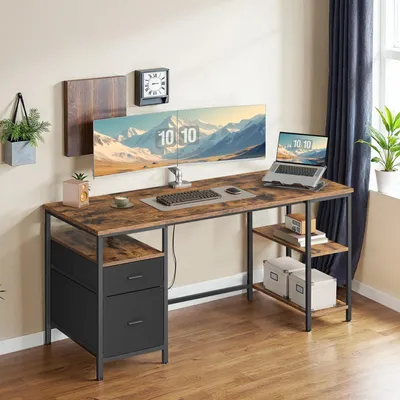 Produktbild von VASAGLE Computertisch mit 3 Ablagen, Bürotisch mit 2 Schubladen, Schreibtisch, 160 x 60 x 76 cm, Industrie-Stil, braun-schwarz