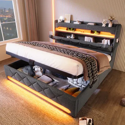 A modern upholstered bed with storage and LED lighting, shown in a bedroom setting at night.
