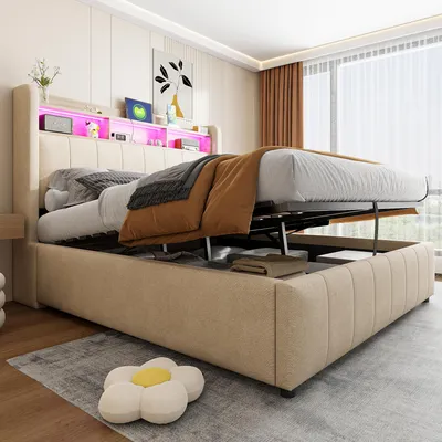 Produktbild von Polsterbett 140x200 cm mit LED & USB, Stauraumbett mit Hydraulik und Kopfteil mit Ablage, Doppelbett für Erwachsene, Leinenbett für Schlafzimmer, Beige