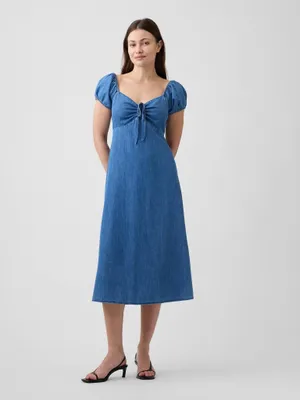 Produktbild von GAP Damen Midi-Jeanskleid Dunkelblau Größe M mit herzförmigem Ausschnitt und Kordelzug